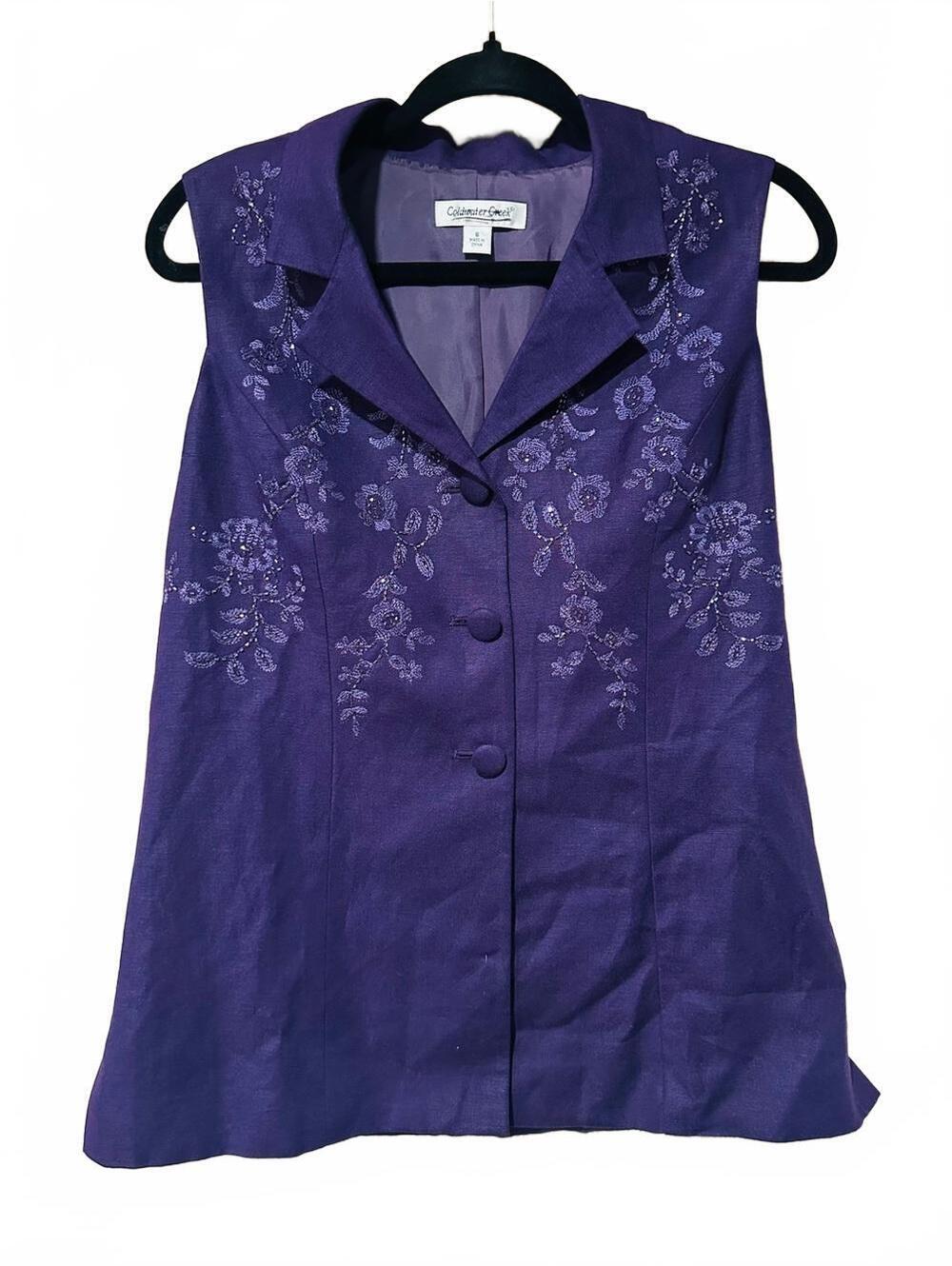 Vintage Purple Embroidered Sleeveless Button Front Top